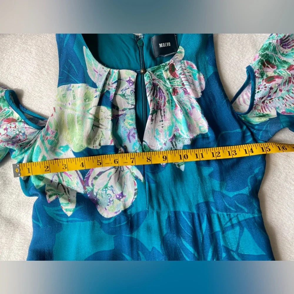 Anthropologie Maeve Elia Open Shoulder Dress Blue Floral Lined Sz 0 - Picture 12 of 16